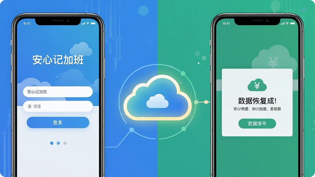 画面主体为两部智能手机并排显示,左边手机显示“安心记加班”的登录界面,右边手机显示数据恢复成功的提示;布局为左右对比构图,中间有云朵图标连接;排版对称;风格为科技感扁平插画风格;细节上云朵图标带有发光效果;画质高清,画面干净,无多余元素