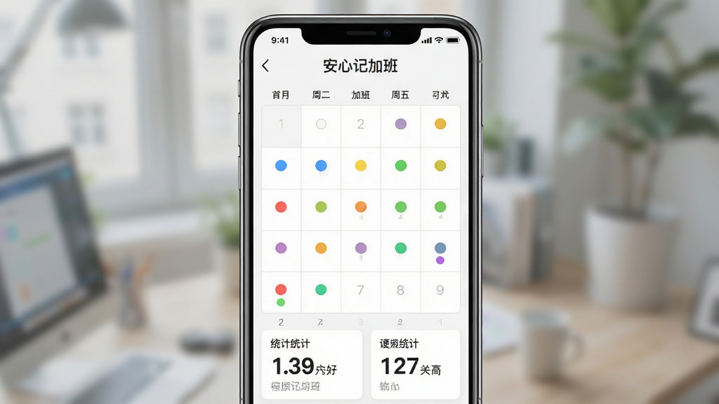 画面主体为“安心记加班”软件的月历视图界面截图,日历格子里有不同颜色的圆点标记;布局为手机屏幕特写,背景虚化;排版上日历占据屏幕主要位置,下方有统计数字;风格为清新简约的移动端UI风格;细节上颜色标记区分明显,数字清晰;画质高清,画面干净,无多余元素