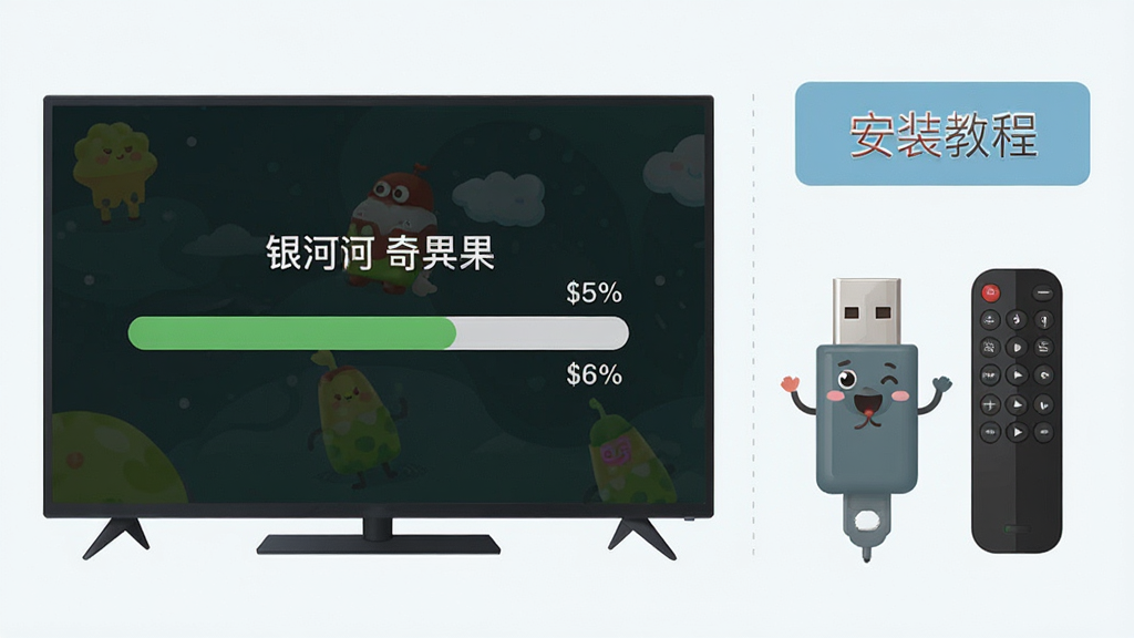 画面主体是一台智能电视屏幕,屏幕上显示着银河奇异果的安装进度条,旁边有一个卡通形象的U盘和遥控器。布局采用左右分栏构图,左侧是电视,右侧是安装工具和提示文字框。风格为扁平化信息图风格,细节包括进度条的百分比数字和文字框内的“安装教程”字样。画质要求高清,画面干净,无多余元素。