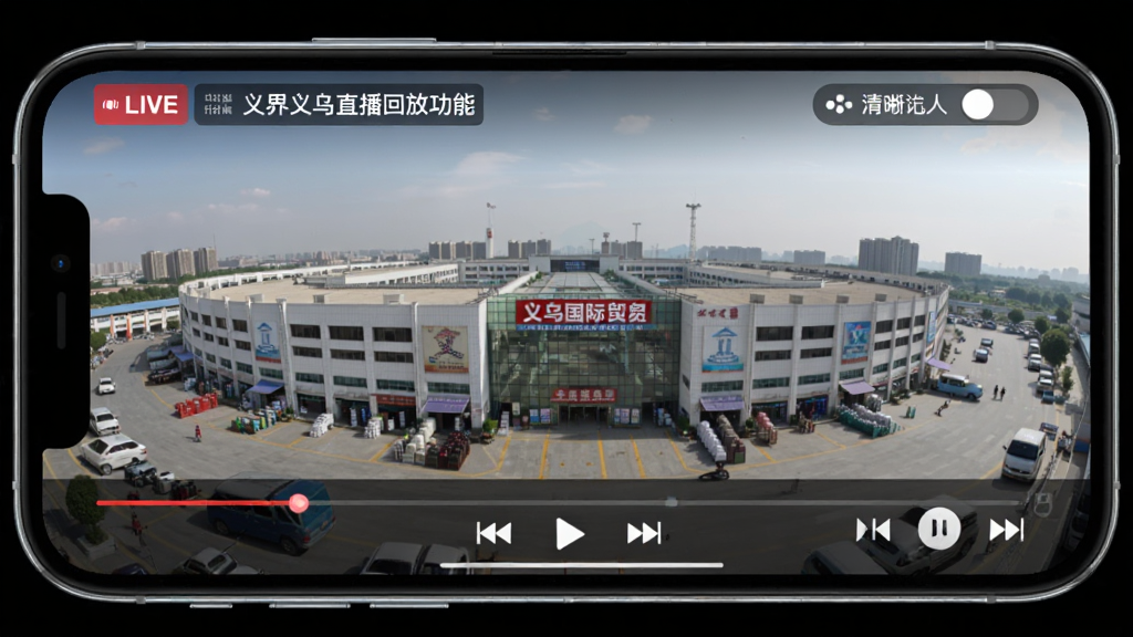 世界义乌直播回放功能界面图,画面中手机横屏显示直播画面,屏幕下方有进度条和播放控制按钮,画面内容为义乌国际商贸城全景,风格写实,细节包括直播标题、在线人数和清晰度切换按钮,画质高清,画面无杂乱元素