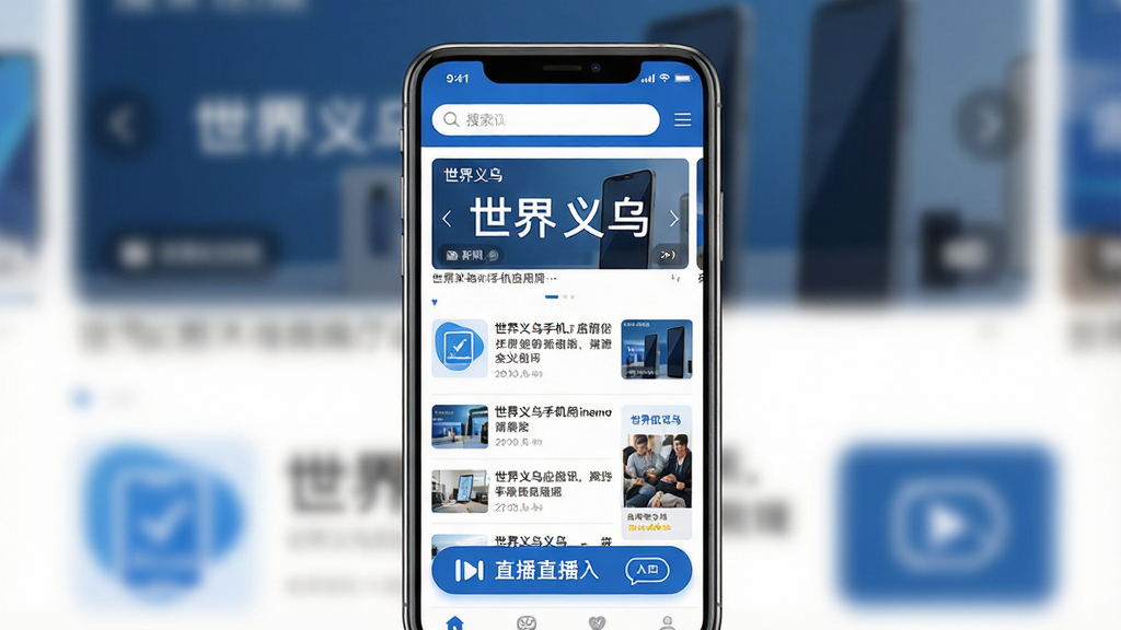 世界义乌手机应用界面预览图,画面中央是一部现代智能手机,屏幕上显示着“世界义乌”四个大字的资讯首页,页面排版整齐,上方有搜索框和轮播图,下方是新闻列表和直播入口按钮,整体布局清晰,风格采用简约商务蓝白配色,细节包括图标、文字、卡片式新闻模块,画质高清,画面干净,无多余元素