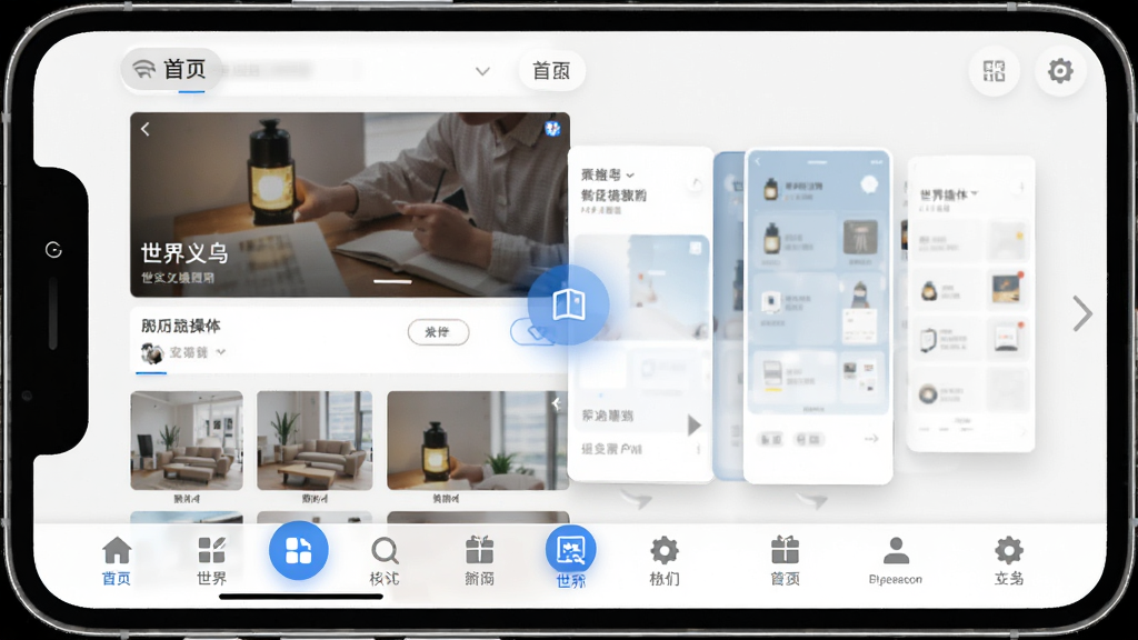世界义乌操作界面截图,画面展示手机屏幕上的底部导航栏和首页内容切换效果,风格直观清晰,细节包括图标高亮、页面滑动动画示意,画质高清,画面干净无多余元素