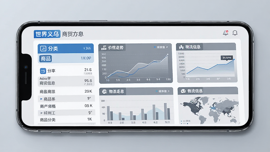 世界义乌商贸信息板块示意图,画面为手机屏幕上的商贸数据看板,包含商品分类、价格走势和物流信息图表,风格简洁专业,配色以蓝色和灰色为主,细节包括图标、数据卡片和趋势线,画质清晰,布局规整