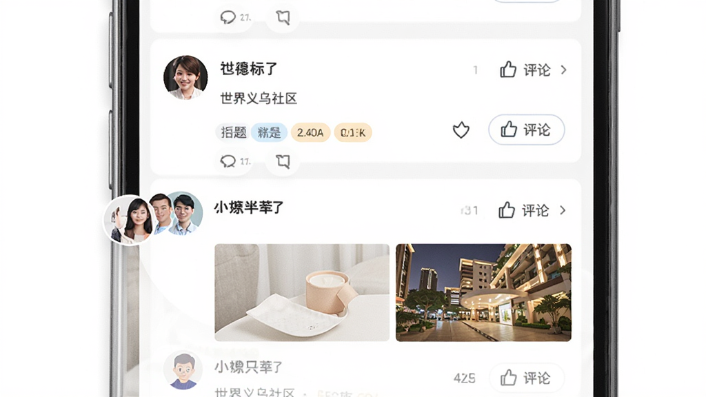 世界义乌社区互动页面图,画面展示手机屏幕上的社区帖子列表,每条帖子有用户头像、昵称、文字内容和点赞评论按钮,背景为白色,风格温馨社交化,细节包括话题标签和图片缩略图,画质高清,画面干净