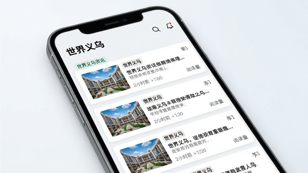 世界义乌资讯页面展示图,画面主体是手机屏幕上的新闻列表界面,标题为“世界义乌”,每条新闻配有缩略图和简短摘要,背景为浅色,排版采用卡片式设计,风格清新现代,细节包括分类标签、时间戳和阅读量显示,画质清晰,画面干净整洁