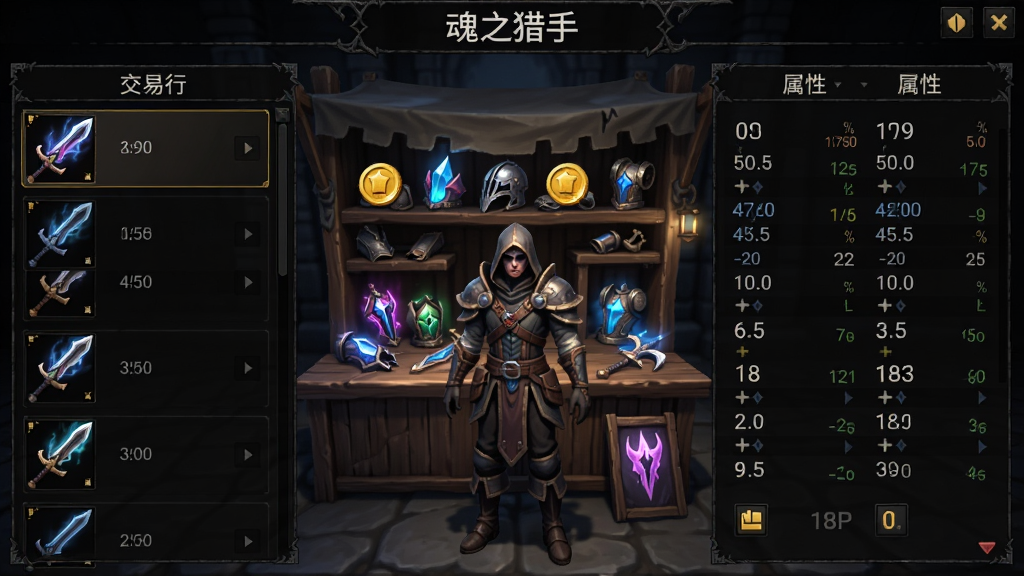 “魂之猎手”游戏内交易行界面,主体为玩家角色站在摆满装备的摊位前,布局为左侧装备列表右侧属性对比,排版模拟游戏UI,风格为暗黑魔幻界面设计,细节包含武器发光特效、金币图标、属性数值,画质1080P,干净,无多余元素