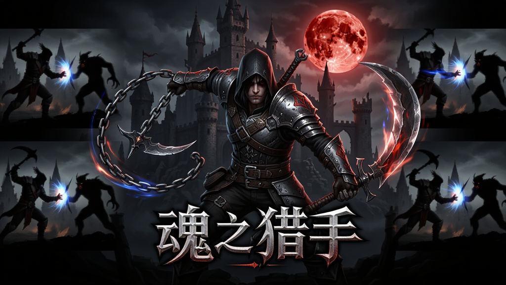 一款名为“魂之猎手”的2.5D横版动作网游主视觉图,主体为暗黑哥特风格的猎手角色挥舞锁链镰刀,背景是破败的城堡与血色月亮,布局采用中央人物特写加左右两侧战斗场景小图,排版突出游戏LOGO“魂之猎手”,风格为暗黑魔幻写实,细节包含角色铠甲纹理、技能光效、怪物剪影,画质4K高清,干净,无多余元素