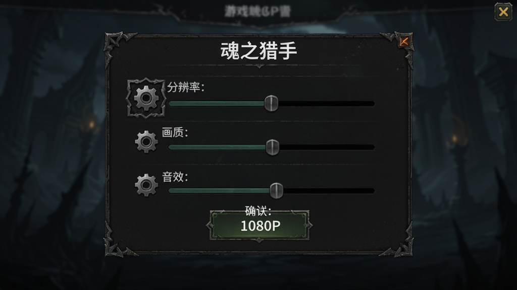 “魂之猎手”游戏设置界面截图,主体为显示分辨率、画质、音效调节选项的菜单,布局为居中弹窗式排版,风格为暗黑风格游戏UI,细节包含齿轮图标、滑动条、确认按钮,画质1080P,干净,无多余元素