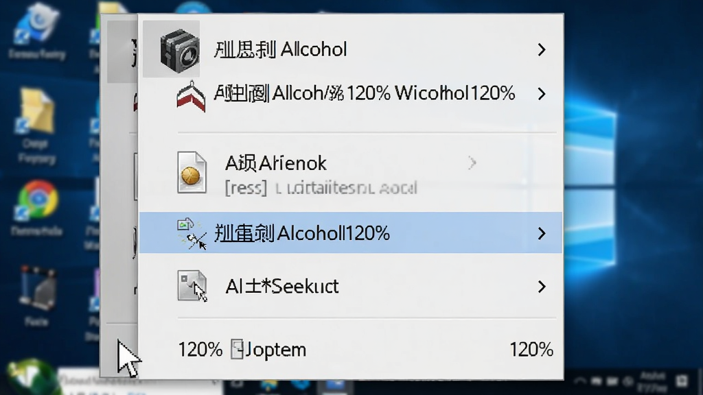 һ��չʾ�ƾ���Alcohol��120%ϵͳ���ɹ��ܵ�AI��ͼ������ΪWindows�Ҽ��˵�����ʾ�ƾ���Alcohol��120%�ļ������¼ѡ�����Ϊ���汳���ϵ��Ҽ��˵���д���Ű������ˣ����Ϊдʵϵͳ����磬ϸ�ڰ����˵���ͼ�ꡢ�����ļ�ͼ������ָ�룬�����������ɾ����޶���Ԫ��
