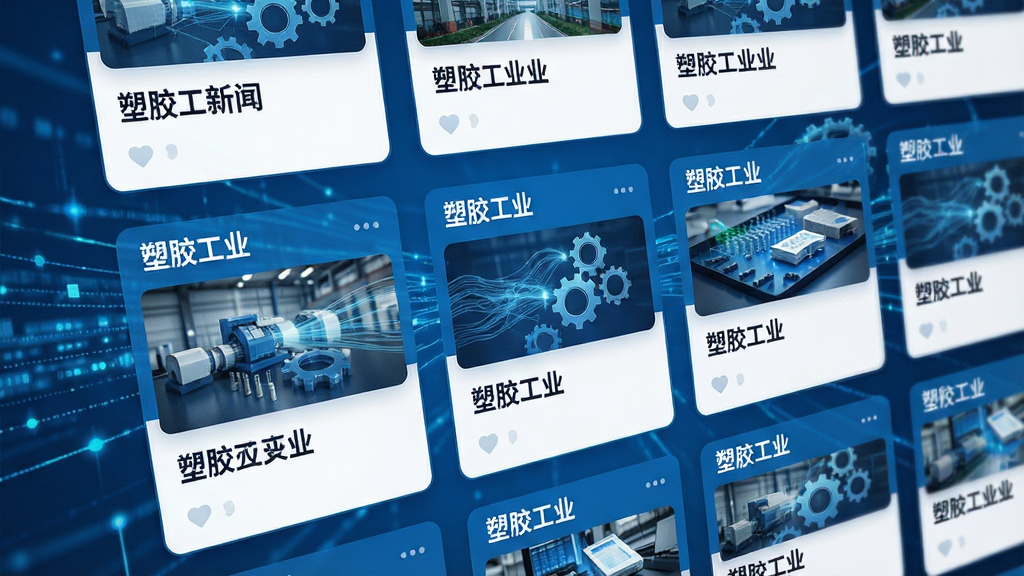 画面主体是一个信息流界面,以卡片形式展示多条塑胶行业新闻标题和缩略图,界面风格简洁现代。卡片上有“塑胶工业”字样,背景是抽象的数据流动线条和齿轮元素,象征信息汇聚。整体色调为科技蓝与白色搭配,排版清晰,画质干净,无多余装饰。