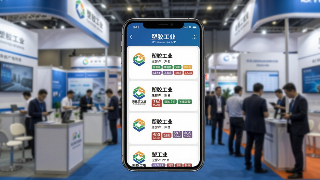 画面主体为手机屏幕展示“塑胶工业”APP的企业黄页列表,每个条目包含公司Logo、名称和主营产品标签。背景是虚化的工业展会现场,有展台和参观人群。整体风格为商业纪实摄影,光线均匀,细节丰富,画质干净,无多余干扰元素。