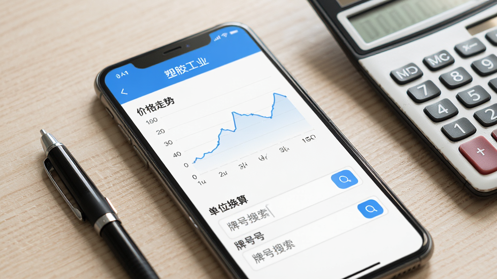 画面主体为手机屏幕显示“塑胶工业”APP的工具页面,包含价格走势折线图、单位换算输入框和牌号搜索栏。手机旁边有一支笔和一个计算器,背景是浅色木纹桌面。风格为简约产品摄影,光线柔和,排版清晰,画质细腻,无多余元素。