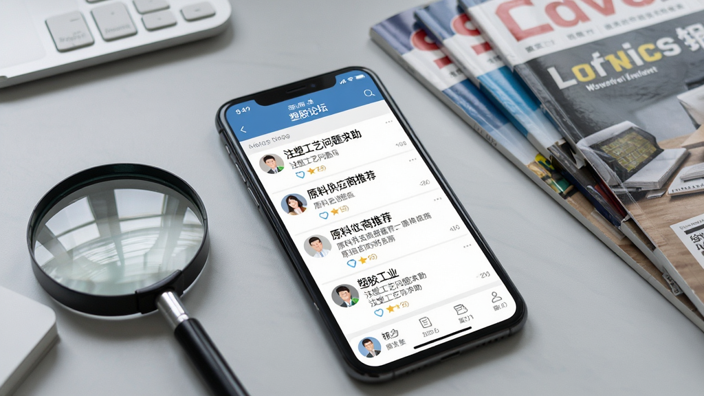画面主体为手机屏幕显示“塑胶工业”APP的社区论坛界面,帖子列表包含“注塑工艺问题求助”“原料供应商推荐”等标题,有用户头像和回复数量。手机旁有一个放大镜和几本行业杂志,背景是淡灰色办公桌。风格为写实静物摄影,排版自然,画质清晰,无杂乱元素。