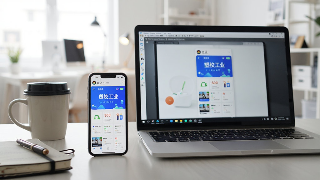 画面主体为一部手机和一台笔记本电脑并排放在桌面上,手机屏幕显示“塑胶工业”APP的社区界面,电脑屏幕显示安卓模拟器运行同一应用的画面。桌面有咖啡杯和笔记本,背景是明亮的居家办公环境。风格为生活化科技摄影,排版自然,画质清晰,无多余元素。