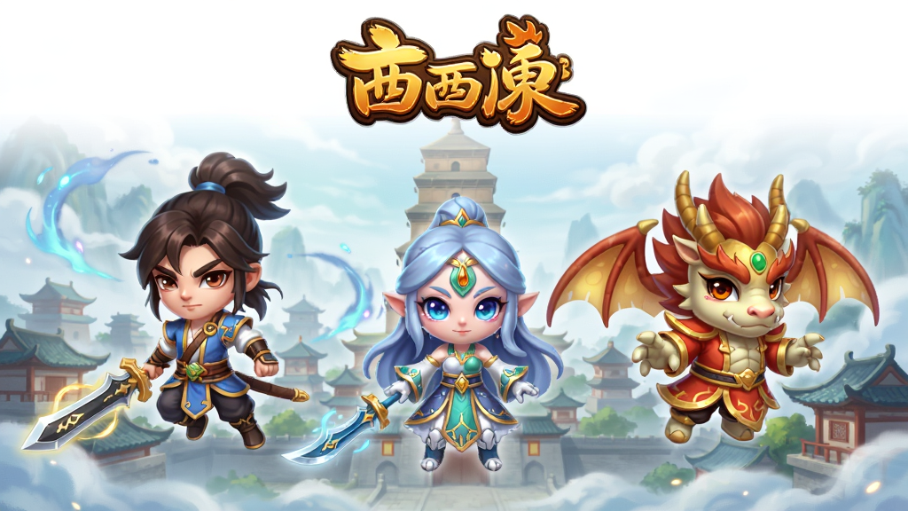 画面主体为梦幻西游手游的经典登录界面,背景是云雾缭绕的长安城大雁塔,前景悬浮着剑侠客、骨精灵、龙太子三位主角的Q版形象,布局采用居中对称式构图,排版上方留白用于放置游戏Logo,风格为唯美中国风与Q版卡通融合,细节刻画角色服饰纹理与武器光效,画质要求4K超高清、干净通透、无多余UI元素