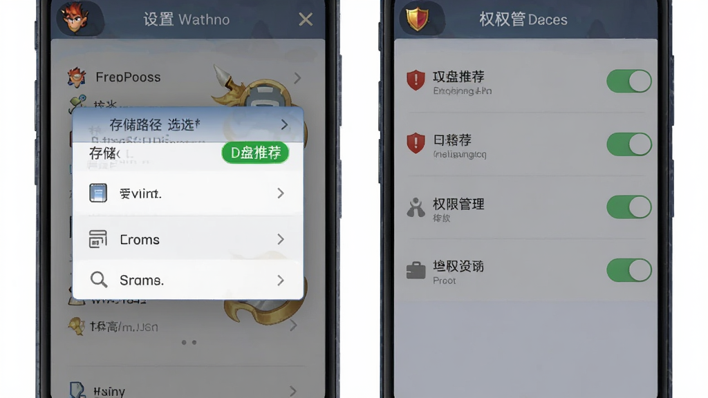 画面主体为梦幻西游手游在安卓手机上的设置界面截图风格插画,布局左侧显示存储路径选择弹窗,右侧显示权限管理开关,排版为手机屏幕竖版构图,风格为扁平化科技UI,细节包含“D盘推荐”绿色高亮标签与警告红色盾牌图标,画质要求高清、干净、无多余装饰元素