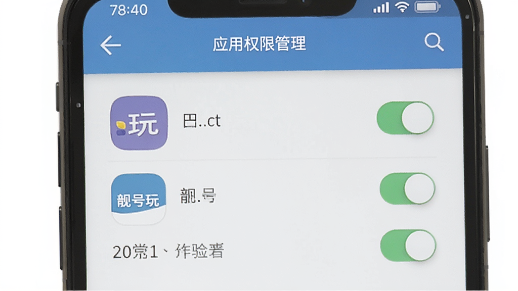 一张展示手机权限设置界面的示意图,主体是手机屏幕上的应用权限管理页面,布局为居中,风格为扁平化系统UI风格,细节包括清晰的权限开关按钮和靓号玩的应用图标,画质为高清,干净无多余元素。