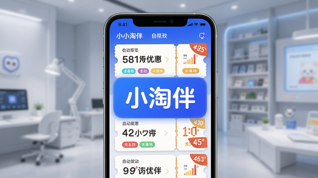 小淘伴全网优惠聚合功能展示,画面中央为手机屏幕,屏幕内呈现多个平台优惠券自动匹配的列表,主体突出“小淘伴”文字标识,布局左右分栏,排版整齐,风格为科技感轻拟物,细节有彩色标签与折扣角标,画质清晰,干净,无多余元素