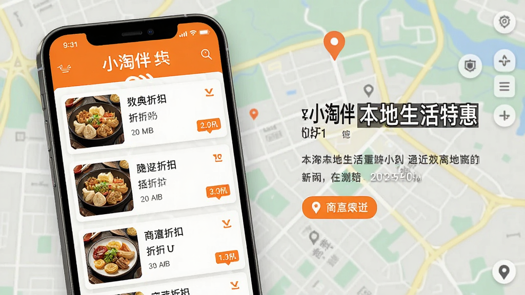 小淘伴本地生活特惠页面,手机屏幕展示附近商家折扣列表与地图定位标记,主体为手机与地图背景结合,布局左图右文,排版清晰,风格为生活化写实,细节有美食图标与距离标签,画质高清,干净,无多余元素
