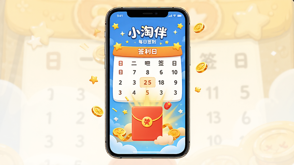 小淘伴每日签到福利界面,手机屏幕中显示签到日历与红包奖励动画,主体为手机正面视图,布局居中对称,排版活泼,风格为卡通插画风,细节有星星与金币元素,画质高清,干净,无多余元素
