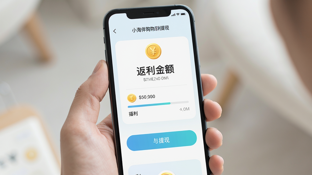 小淘伴购物返利提现界面,手机屏幕中显示返利金额与提现按钮,主体为手持手机的特写,布局纵向排列,排版简洁,风格为清新浅色系,细节包含金币图标与进度条,画质高清,干净,无多余元素