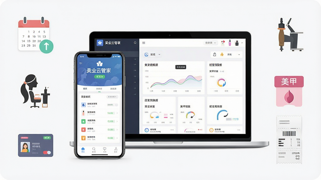一张展示美业云管家软件核心功能的场景图,画面中央是一部智能手机和一台笔记本电脑并排摆放,手机屏幕显示美业云管家门店管理界面,电脑屏幕显示经营数据看板,周围环绕着美容院、美发沙龙、美甲店的简约图标,布局采用左右对称结构,排版清晰有序,风格为现代扁平化商务风,细节上加入日历、会员卡、收银小票等元素,画质高清,画面干净,无多余元素