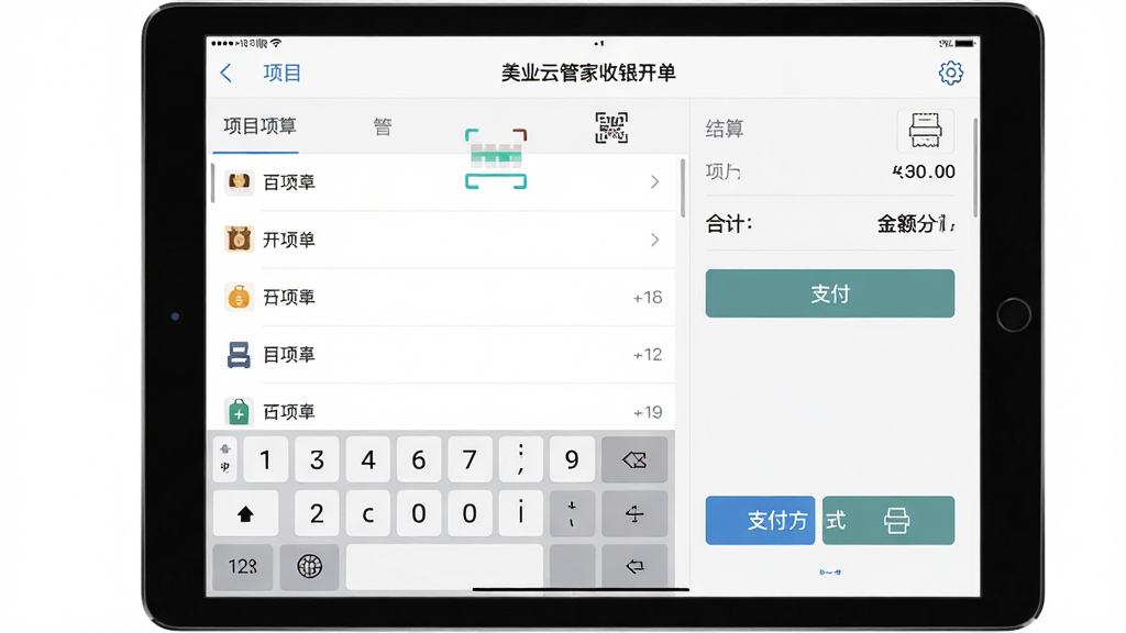 一张美业云管家收银开单功能的界面展示图,画面主体为平板电脑屏幕,屏幕内显示收银结算页面,包含项目列表、金额合计与支付方式选择按钮,布局采用左右分栏结构,左侧为项目清单,右侧为结算面板,风格为现代商务扁平风格,细节上加入数字键盘、二维码扫描图标与小票打印图标,画质高清,画面干净,无多余元素