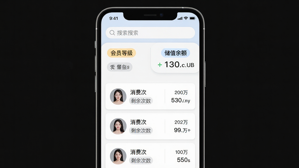 一张美业云管家会员管理功能的界面展示图,画面主体为手机屏幕,屏幕内显示会员列表、会员等级标签与储值余额信息,布局采用上下结构,上方为搜索栏,下方为会员卡片列表,风格为清新简约的移动端UI风格,细节上加入会员头像、消费次数、剩余次数等数据字段,画质高清,画面干净,无多余元素