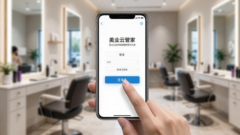 一张美业云管家移动端使用指南示意图,画面主体为一只手握着手机,手机屏幕显示美业云管家登录页面,布局采用中心构图,风格为写实摄影风格,细节上加入手指点击屏幕的动作、登录按钮高亮显示、背景为模糊的美容院环境,画质高清,画面干净,无多余元素