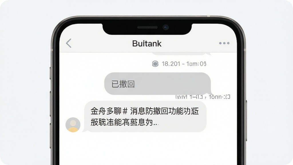 一张展示金舟多聊消息防撤回功能的图片,画面中央是一个聊天窗口,窗口中显示一条被撤回的消息以灰色气泡标注“已撤回”但下方仍显示原始文字内容,布局为上下结构,排版简洁明了,风格为扁平化UI设计风,细节包括撤回标记、时间戳、气泡圆角,画质为高清2K,画面干净,无多余元素