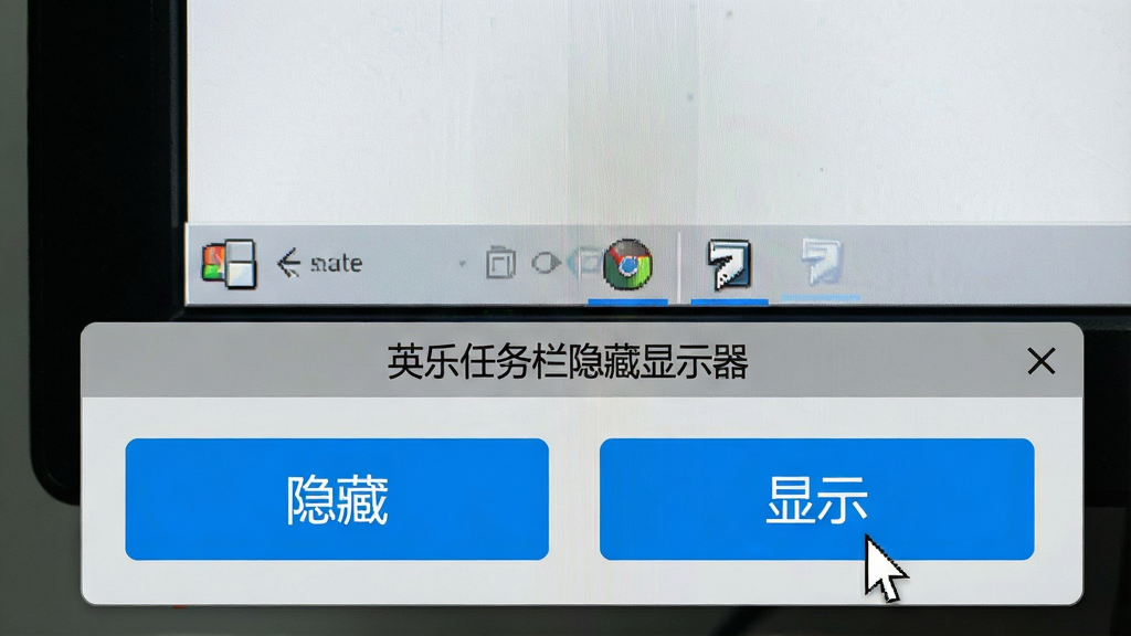 一张电脑屏幕特写,画面中任务栏正在消失,屏幕底部出现“英乐任务栏隐藏显示器”的小巧控制面板,面板上有“隐藏”和“显示”两个大按钮,布局为左右对称,风格为扁平化设计,细节包括蓝色按钮、灰色背景、鼠标指针悬停效果,画质清晰,干净,无多余元素