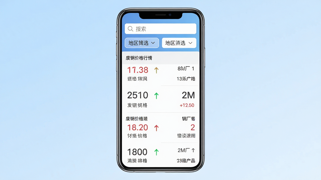废钢网应用主界面展示,手机屏幕中央显示废钢价格行情列表,上方有搜索栏和地区筛选按钮,背景为浅蓝色渐变,排版整齐清晰,风格简洁商务,细节包括价格数字、涨跌箭头、钢厂名称,画质高清,干净,无多余元素