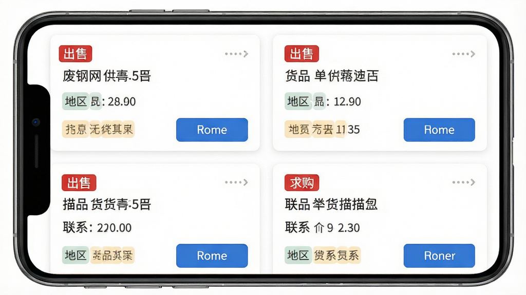 废钢网供需信息页面,手机屏幕显示供需信息卡片列表,卡片上有“出售”“求购”标签、货品描述、联系按钮,背景为白色,排版为双列网格,风格简洁实用,细节包括地区标签和发布时间,画质高清,干净,无多余元素