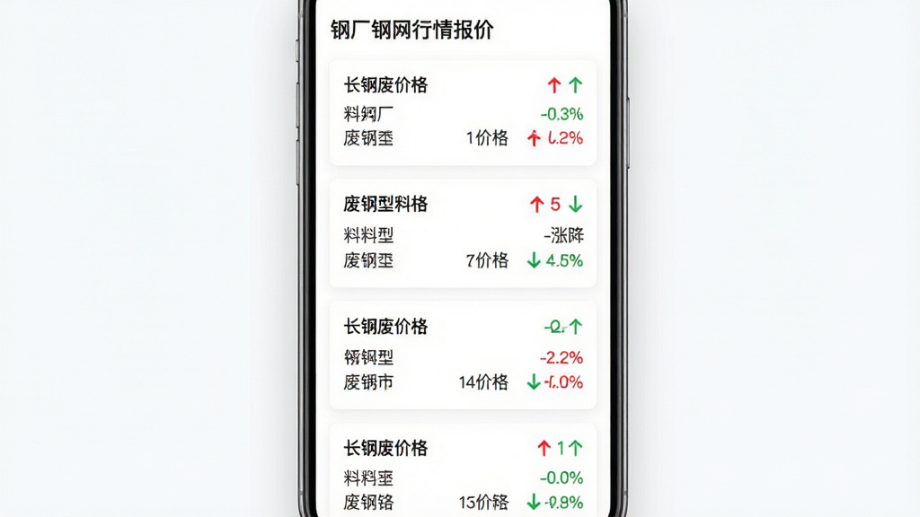 废钢网行情报价页面展示,手机屏幕显示多个钢厂废钢价格卡片,每张卡片有钢厂名称、料型、价格和涨跌幅度,背景为白色,排版为垂直列表,风格清爽简约,细节包括红色上涨绿色下跌标识,画质高清,干净,无多余元素