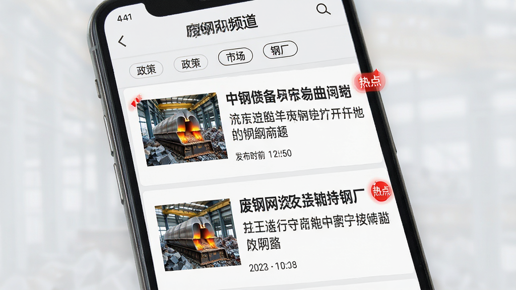 废钢网资讯频道界面,手机屏幕显示新闻列表,每条新闻有标题、摘要和发布时间,顶部有分类标签如“政策”“市场”“钢厂”,背景为浅灰色,排版规整,风格新闻阅读类,细节包括资讯缩略图和红色热点标记,画质高清,干净,无多余元素