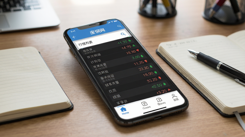 废钢网app在手机上的操作界面截图,展示行情列表和底部导航栏,手机放置在桌面上,旁边有笔记本和笔,背景为办公桌,风格真实使用场景,细节包括屏幕上的价格数字和涨跌箭头,画质高清,干净,无多余元素