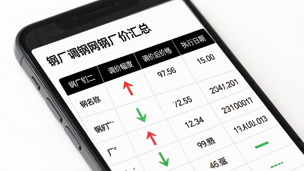 废钢网钢厂调价汇总界面,手机屏幕显示调价表格,包含钢厂名称、调价幅度、调价后价格、执行日期,背景为白色,排版为表格形式,风格商务专业,细节包括红色上调绿色下调箭头,画质高清,干净,无多余元素