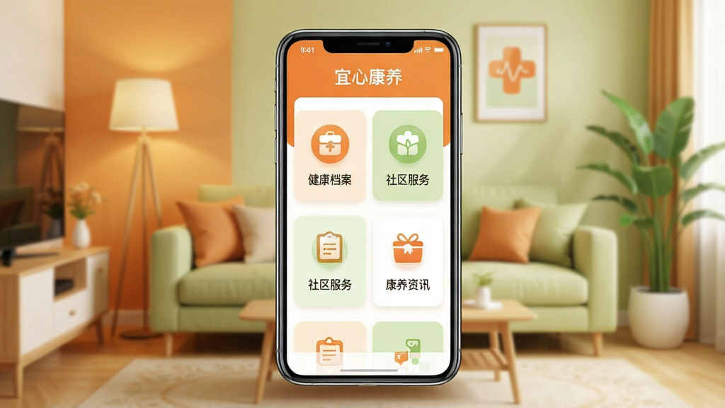 һ��չʾ���Ŀ����ֻ�Ӧ�ý����Ч��ͼ������������һ�������ֻ�����Ļ��ʾ���Ŀ���APP��ҳ����ҳ�Ϸ��С����Ŀ�����������ҳ����������������������񡢿�����Ѷ��ģ��ͼ�꣬��������ܰ�ļ�ͥ����������ɫ����ů��ɫ��ǳ��ɫΪ������������죬ϸ�����������ʸ��壬�ɾ��޶���Ԫ��