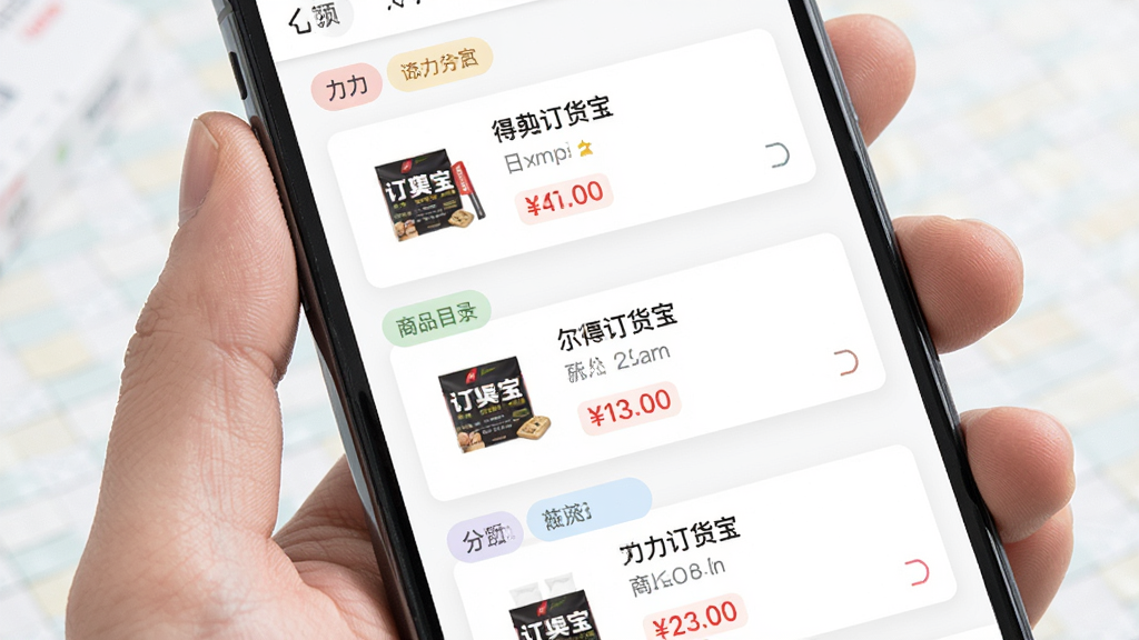 得力订货宝商品目录页面展示,画面主体为手机屏幕特写,屏幕中呈现多行商品卡片,每张卡片包含商品图片、名称和价格,布局为纵向列表,风格为清新简洁的移动端UI风格,细节包括商品缩略图清晰、分类标签颜色柔和,画质高清,干净,无多余元素