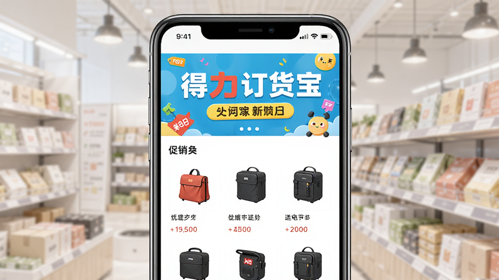 得力订货宝促销活动页面展示,画面中央为手机屏幕,屏幕内显示横幅海报与促销标签,布局为顶部横幅加下方商品网格,风格为活泼商业风,细节包括促销文字醒目、色彩搭配协调,画质高清,干净,无多余元素