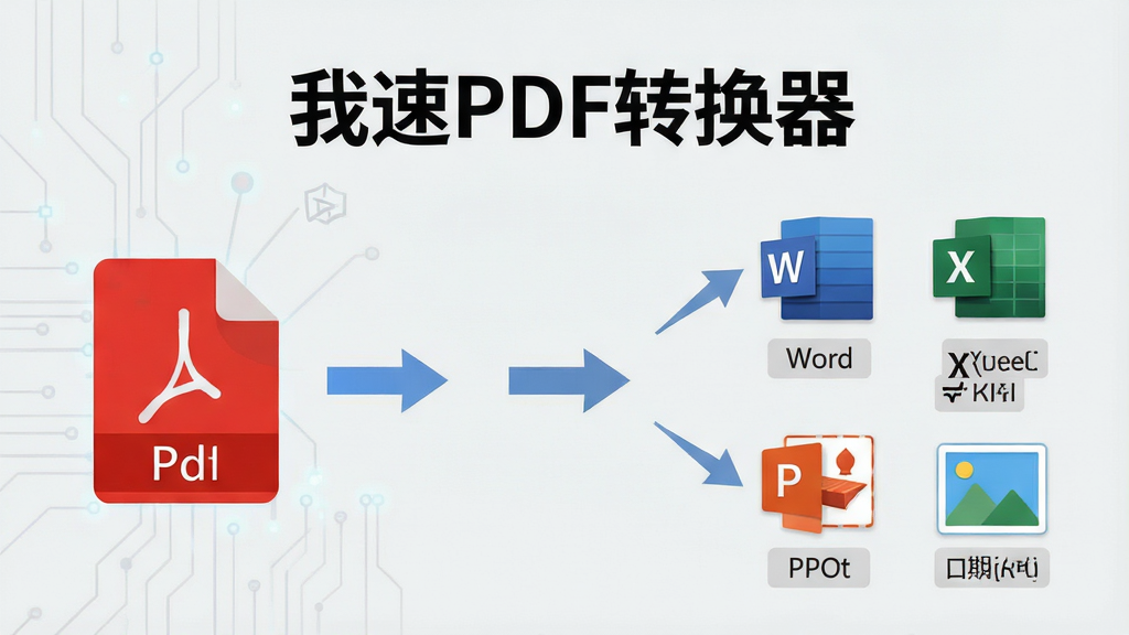 一张展示我速PDF转换器多格式互转功能的图片,画面中左侧是PDF文件图标,右侧分别排列Word、Excel、PPT、图片等格式图标,中间用箭头连接表示转换方向,背景为干净的浅灰色,画面中央上方显示“我速PDF转换器”文字,整体布局为横向排列,风格为扁平化科技风,细节包括文件图标、转换箭头、格式标签,画质清晰,画面干净,无多余元素