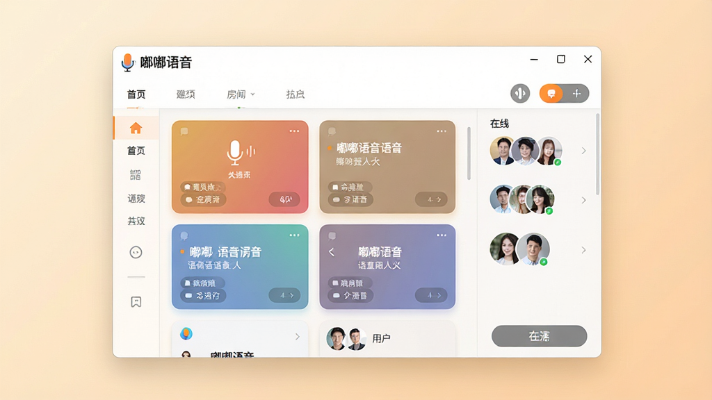 一张展示嘟嘟语音电脑端主界面的图片,画面中央是软件主窗口,窗口内显示多个语音房间卡片和在线用户头像,顶部有