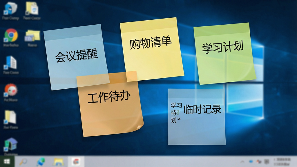 一张展示天天桌面便签软件中多张彩色便签悬浮在Windows桌面上的特写图,画面主体是五张不同颜色的便签纸分别标注“会议提醒”“购物清单”“工作待办”“学习计划”“临时记录”,布局错落有致,排版为桌面截图视角,风格为清新写实,细节包括便签半透明效果、桌面图标虚化背景,画质高清干净,无多余元素