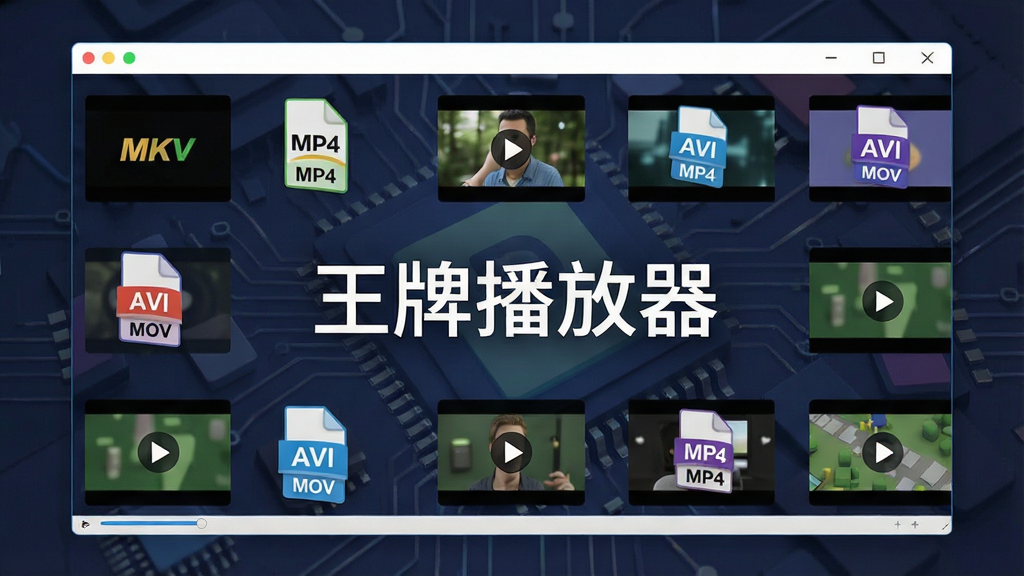 一张展示王牌播放器全格式解码能力的示意图,主体为软件播放窗口正在同时处理多个不同格式的视频文件缩略图,布局为网格状排列,风格为扁平化科技插画,细节包含MKV、MP4、AVI、MOV等文件图标与解码芯片纹理背景,画面中央有“王牌播放器”字样,画质干净清晰,无杂乱装饰