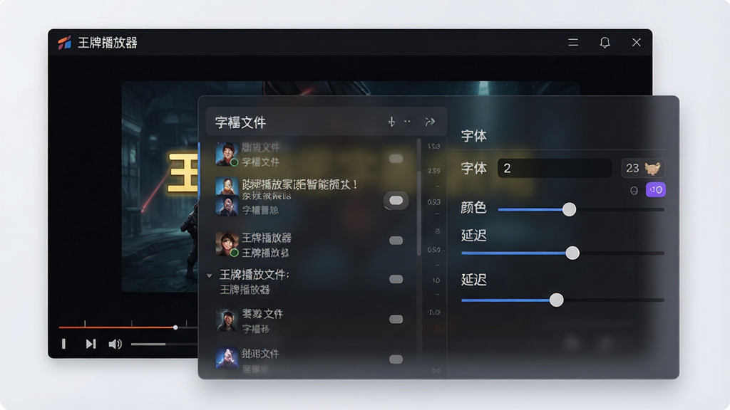 一张展示王牌播放器智能字幕功能的场景图,主体为播放界面下方浮现半透明的字幕设置面板,布局为左右分栏,左侧是字幕文件列表,右侧是字体、颜色、延迟调节滑块,风格为深色科技风UI,细节包含字幕文本高亮与时间轴刻度,画质细腻,文字显示“王牌播放器”,背景简洁无干扰