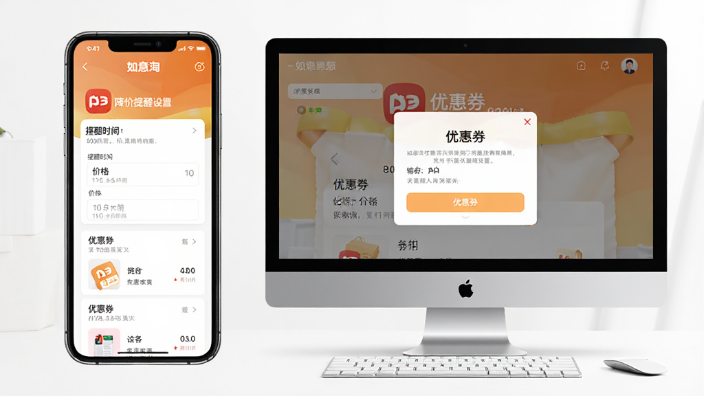 软件功能展示,主体为如意淘的降价提醒设置界面和优惠券匹配弹窗,布局为手机和电脑双端展示,排版为上下结构,风格为清新浅色,细节包括提醒时间、价格输入框、优惠券列表,画质高清,干净,无多余元素