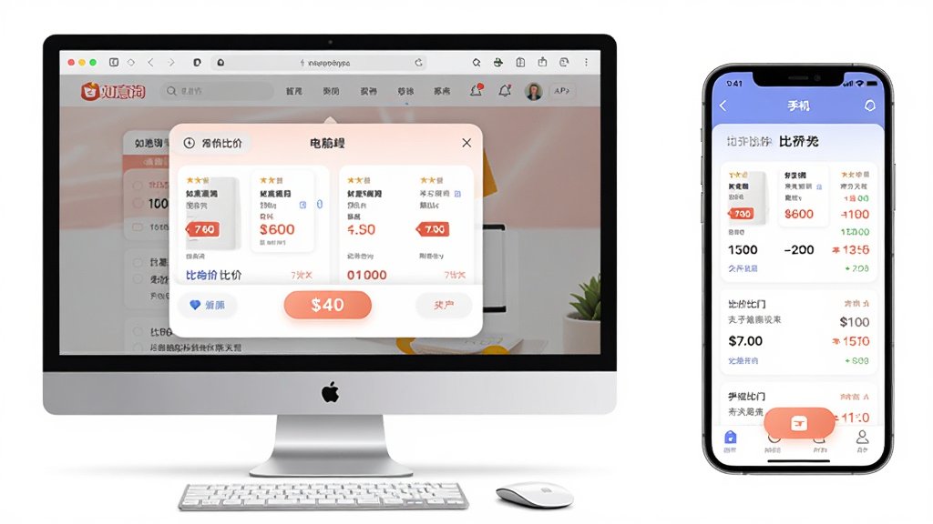 软件操作界面,主体为如意淘在电脑浏览器中的比价弹窗和移动端APP界面,布局为左右对比展示,排版为电脑端在左、手机端在右,风格为柔和圆角,细节包括比价列表、价格标签、悬浮按钮,画质高清,干净,无多余元素