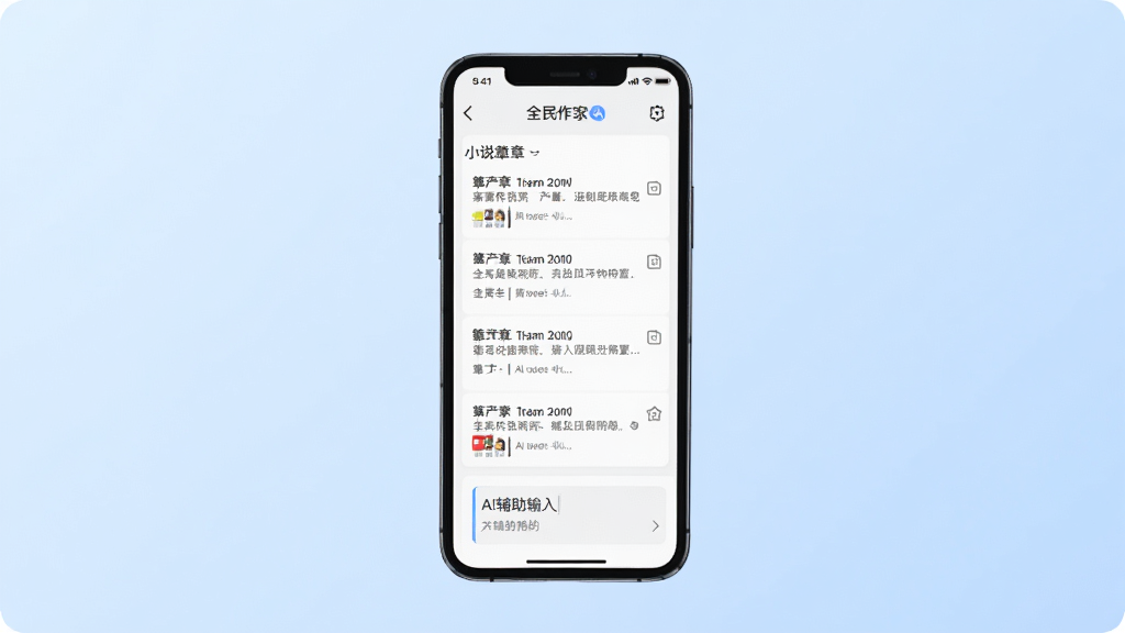 全民作家APP主界面展示,画面中央是一部智能手机,屏幕上显示全民作家写作界面,包含小说章节列表与AI辅助输入框,背景为浅蓝色渐变,画面干净整洁,风格简约现代,高清画质,无多余元素