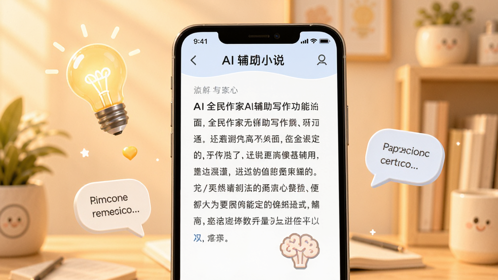 全民作家AI辅助写作功能界面,画面展示手机屏幕内AI生成小说段落的场景,屏幕旁边漂浮着创意灯泡与文字气泡元素,背景为柔和暖色调,风格清新明快,画质清晰,布局简洁无杂乱