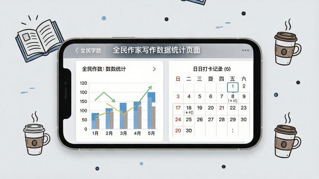 全民作家写作数据统计页面,手机屏幕展示字数统计图表与日历打卡记录,周围点缀书本与咖啡杯简笔画,背景为浅灰色,风格商务简约,画面整洁高清,无多余装饰元素